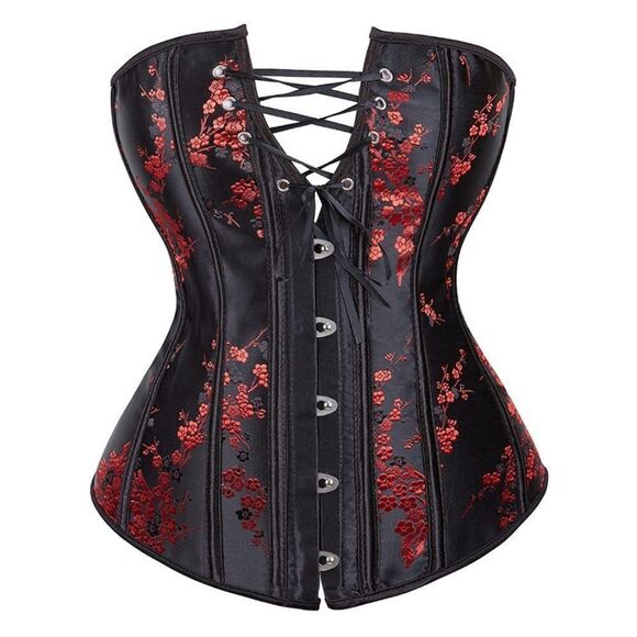 Red Oriental Style Lace Through Top Floral Overbust Corset